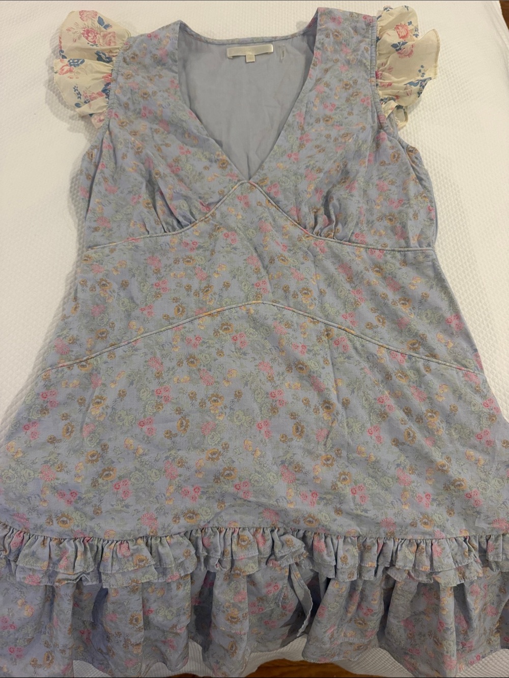 LoveShackFancy Light Blue Floral Ruffled Chemise with Sheer Puff Sleeves